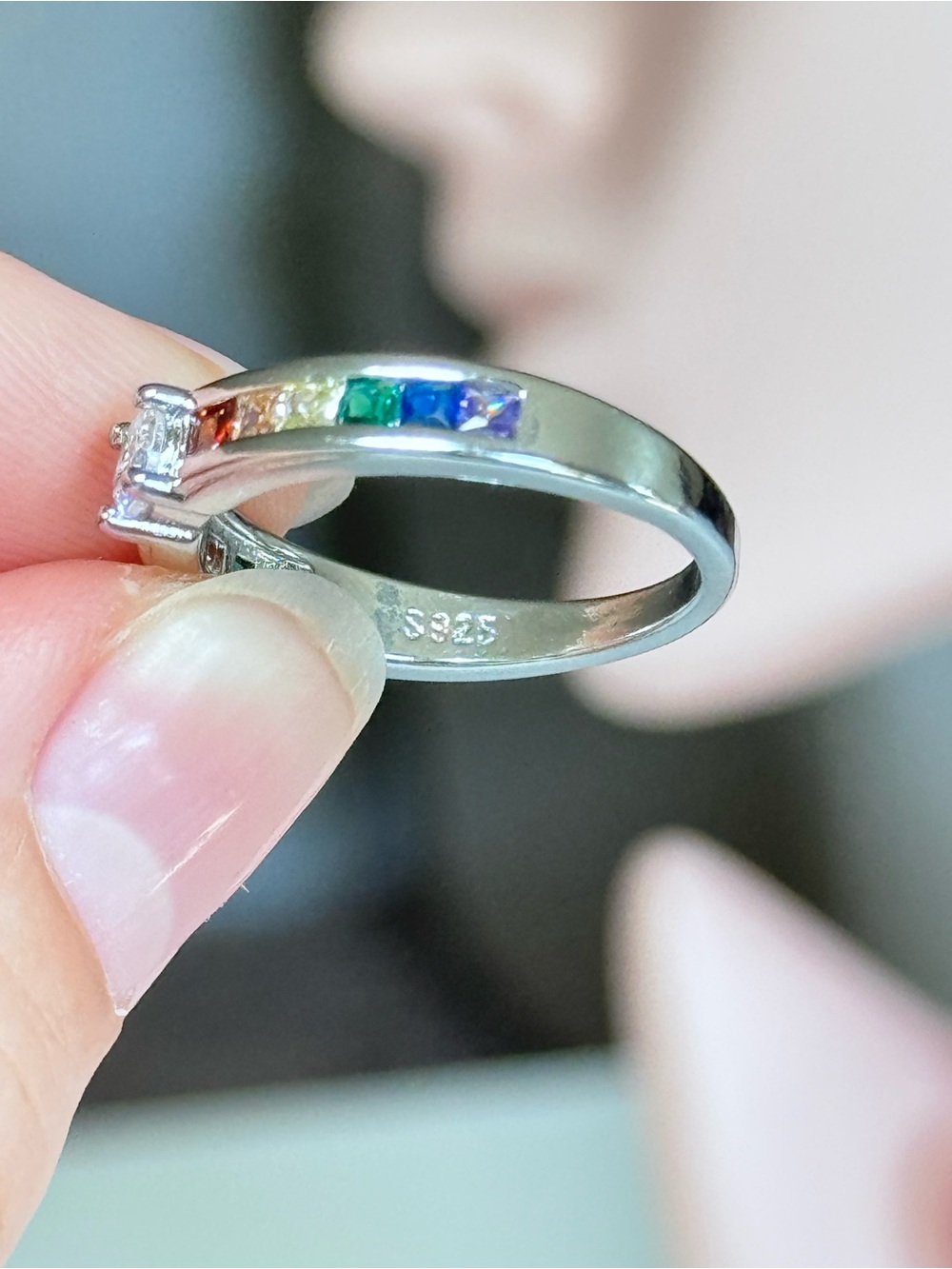 Sterling Silver Rainbow CZ Solitaire Ring - Multicolor - Picture 6 of 8